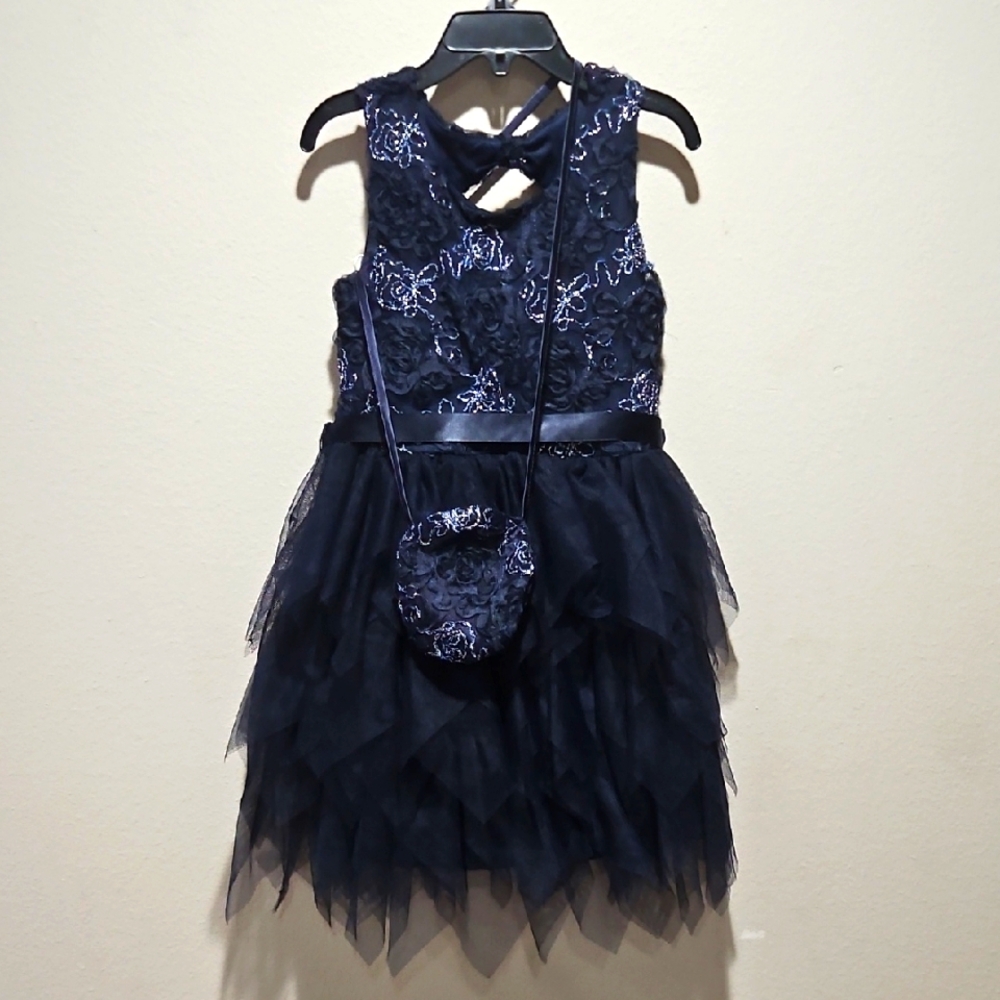Elegant Navy Blue girl's Dress size 5 with tulle layered skirt